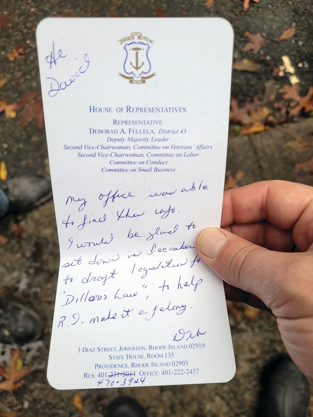 NOTE FROM A LEGISLATOR: Rhode Island state Rep. Deborah A. Fellela, District-43 (Johnston) recently wrote in a note to David Viens, promising to help draft “Dillon’s Law,” which would make unlawful gun storage resulting in death or injury a felony, rather than a misdemeanor.